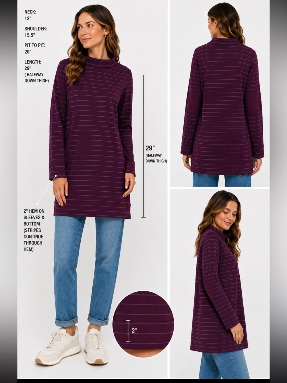 FIG Voyage Striped Long Sleeve Top XL Purple Plum Elbow Patches Made in Canada
